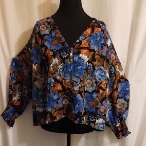 Zara Floral Blouse - Blue, Brown, and Black